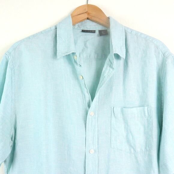 Tahari Men's L Woven Linen Button Down Shirt Short Sleeve Light Blue - Picture 4 of 8